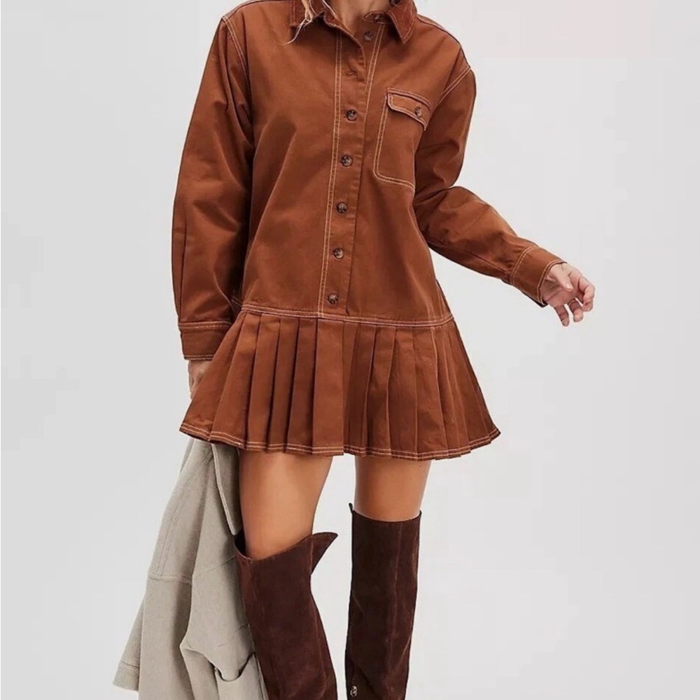 🎀Free People🎀NEW- Connor Mini Dress Long Sleeve Cotton Golden Brown- Small